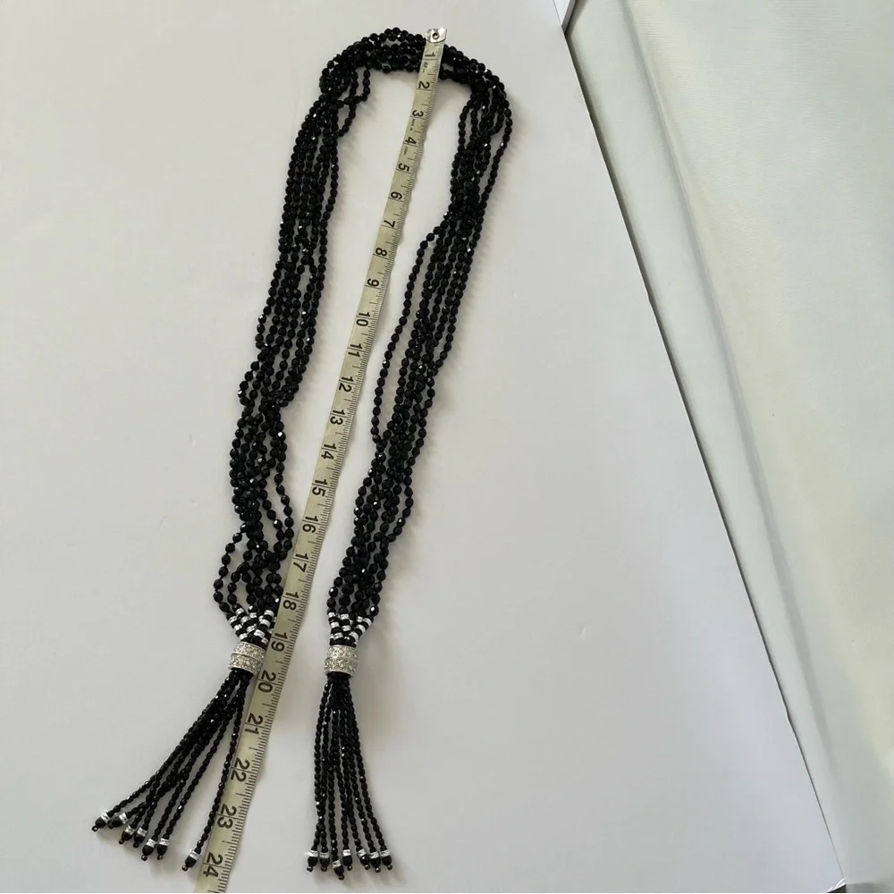 Amazing Vintage Black Beaded Multi Strap Long Tassel Necklace Art Deco Flapper